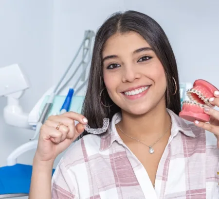 Patient choosing between invisalign or metal braces.